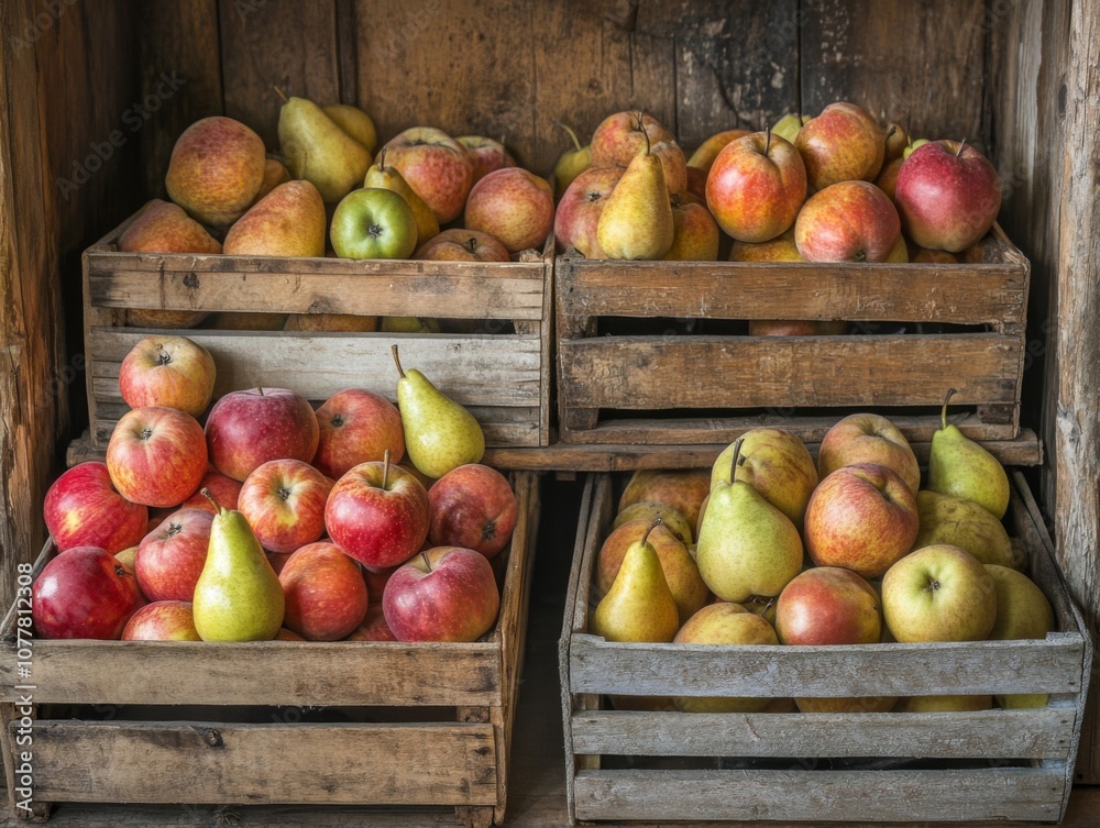 Apples and Pears in Wooden Crates Apples and Pears in Wooden Crates