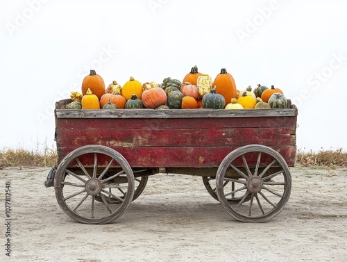 A Red Wooden Wagon Filled with Pumpkins and Gourds