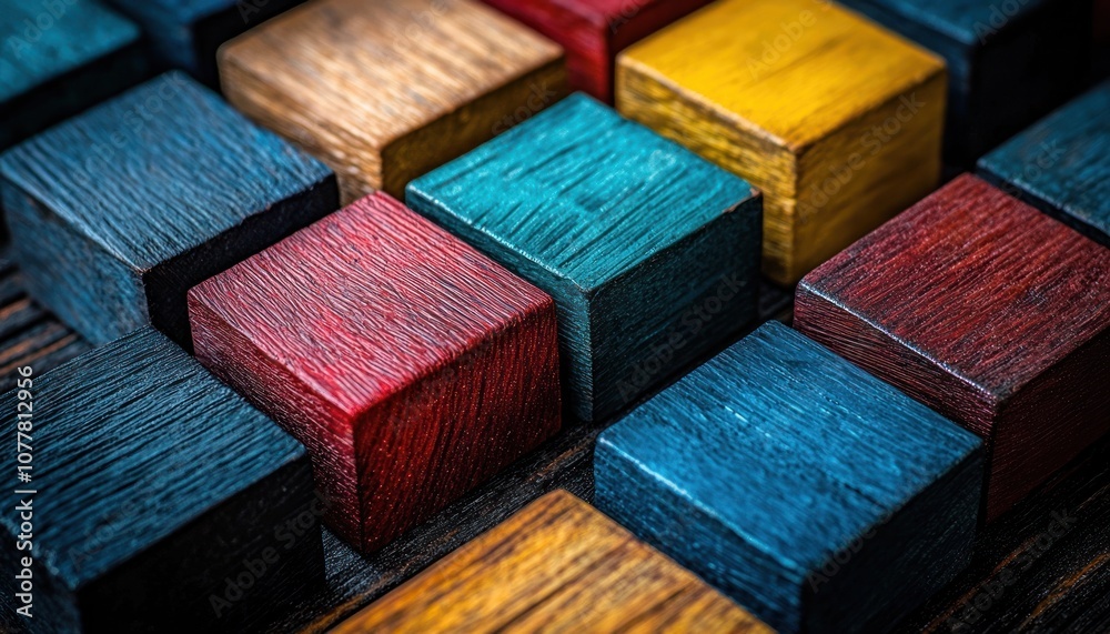 Colorful Wooden Blocks Arranged in a Pattern on a Dark Surface Colorful Wooden Blocks Arranged in a Pattern on a Dark Surface