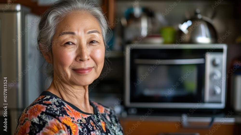 穏やかな朝のひととき:花柄のブラウスを着た日本人女性が居心地の良いキッチンで電子レンジを使っている 穏やかな朝のひととき:花柄のブラウスを着た日本人女性が居心地の良いキッチンで電子レンジを使っている