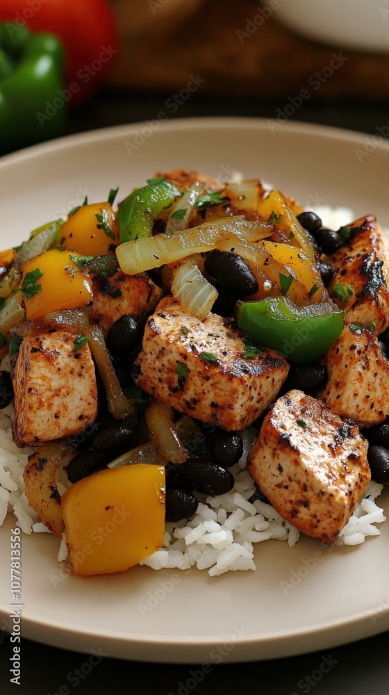 Spicy Grilled Chicken with Peppers and Onions on Fluffy White Rice and Black Beans - Delicious Healthy Dinner Meal with Colorful Vegetables Spicy Grilled Chicken with Peppers and Onions on Fluffy White Rice and Black Beans - Delicious Healthy Dinner Meal with Colorful Vegetables