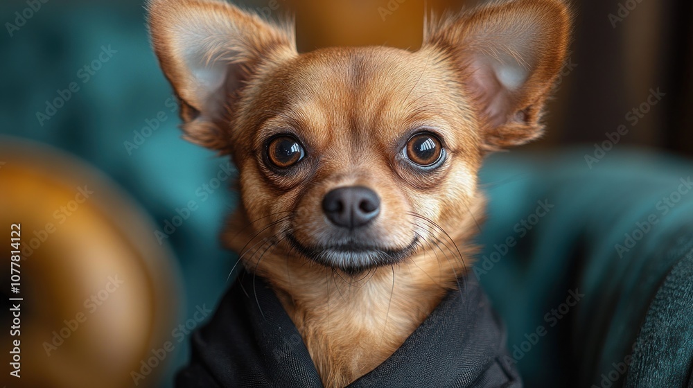 A charming Chihuahua wearing a black outfit, sitting on a couch. A charming Chihuahua wearing a black outfit, sitting on a couch.