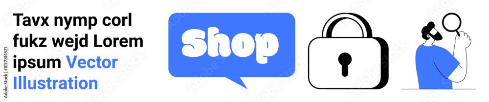 Blue speech bubble with Shop text, black lock icon and a blue and white figure with a headset. Ideal for e-commerce, security, customer support, online retail, and technology. Banner for landing page Blue speech bubble with Shop text, black lock icon and a blue and white figure with a headset. Ideal for e-commerce, security, customer support, online retail, and technology. Banner for landing page