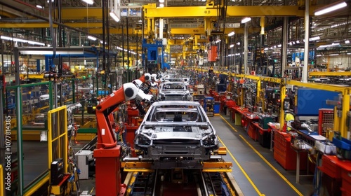 Automotive assembly line with vehicles being assembled in stages, robotic arms placing parts with precision in a coordinated flow