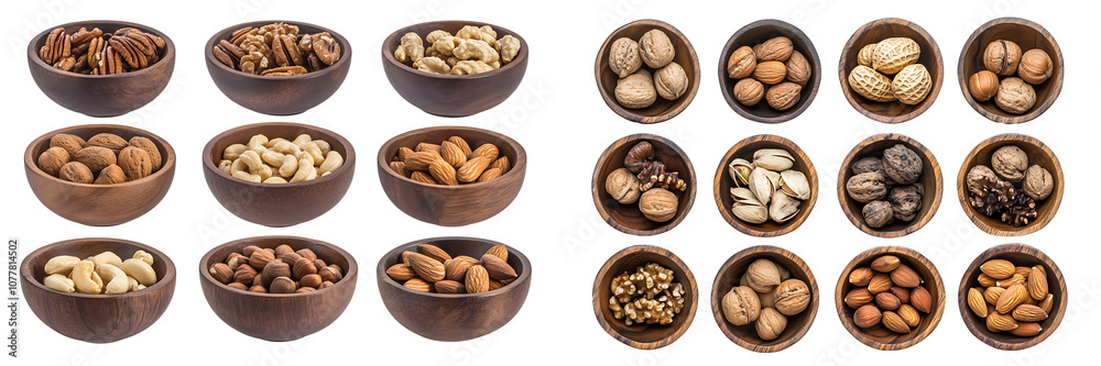 Set of various nuts in wooden bowls, isolated on a transparent background. Set of various nuts in wooden bowls, isolated on a transparent background.