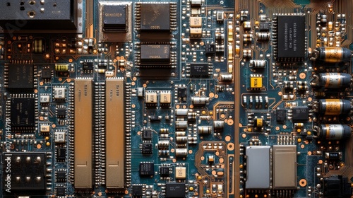 Close-up of a circuit board with intricate wiring and microchips, showcasing the foundation of modern electronics and technology photo