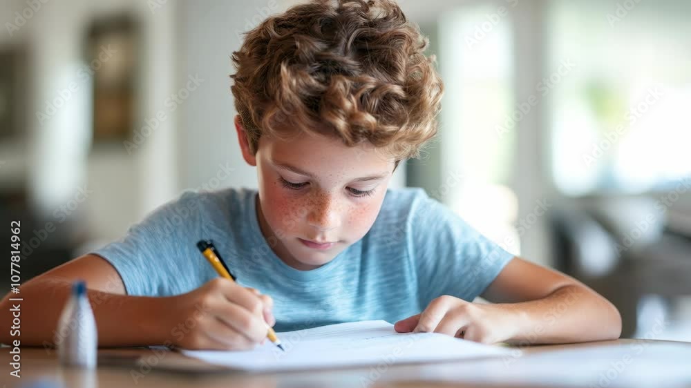 Young Boy Concentrating on Drawing in a Bright, Modern Room, Showcasing Creativity and Focus with a Pencil and Blank Paper in Daylight Young Boy Concentrating on Drawing in a Bright, Modern Room, Showcasing Creativity and Focus with a Pencil and Blank Paper in Daylight