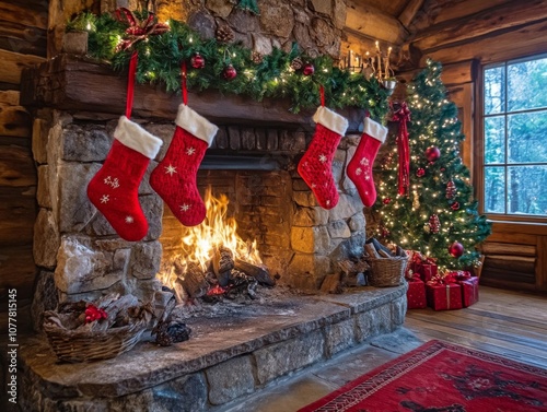 Christmas Stocking Hung by the Fireplace in a Cozy Cabin photo