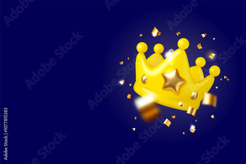 Crown with gold confetti vector 3d banner. Cartoon corona flying with golden star and tinsel. Web banner sale template. Loyalty bonus program concept