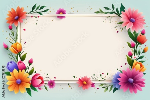 Floral frame illustration with spring flowers, leaves, and pink blossoms