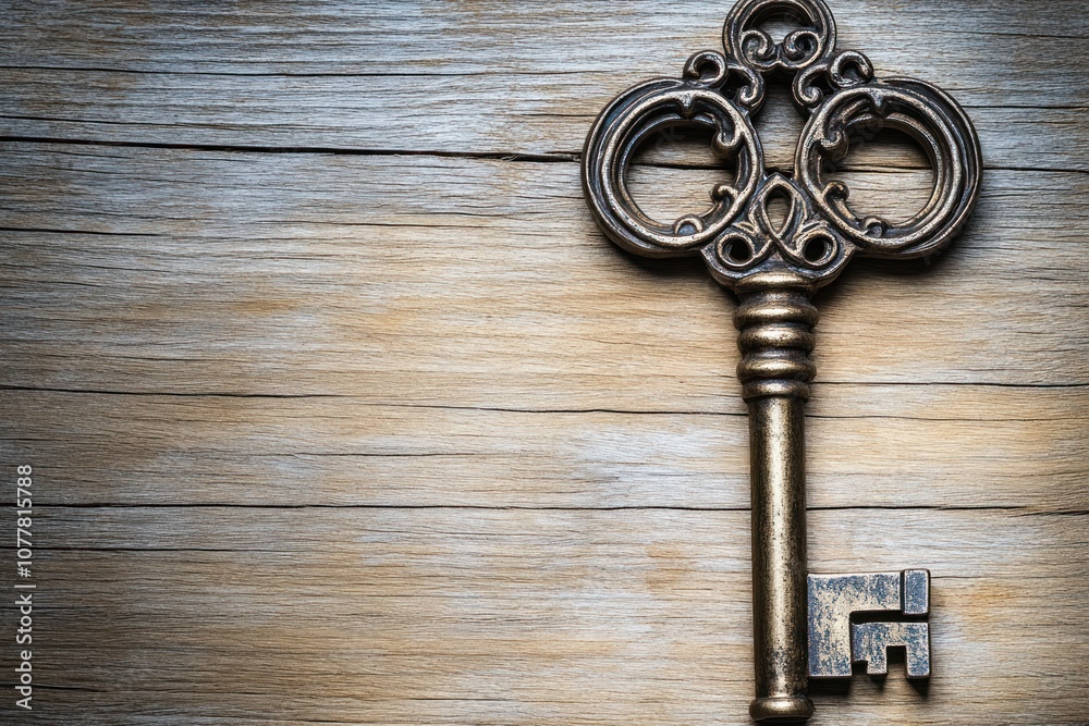 An antique, ornate key lies on a rustic wooden surface. An antique, ornate key lies on a rustic wooden surface.