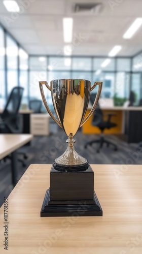 A shiny trophy on a wooden table in a modern office setting.