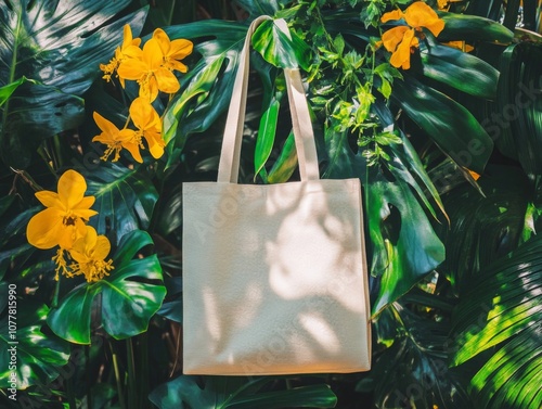 Blank Canvas Tote Bag Hanging in Lush Tropical Foliage photo