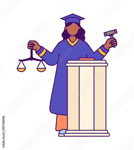 Judge standing at judge's bench with scales of themis and a gavel