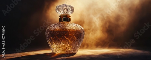 Ornate glass perfume bottle with misty background