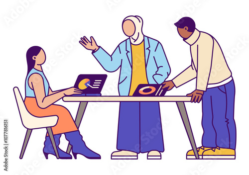 Group of three people discussing project