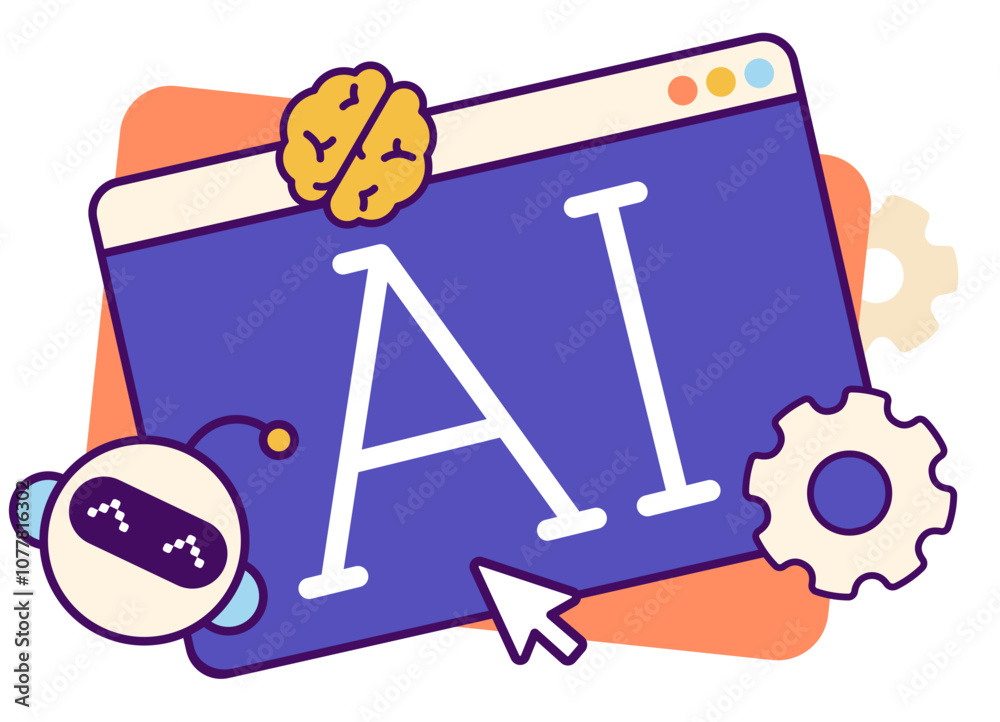 Lettering AI with robot, gears and brain text Lettering AI with robot, gears and brain text