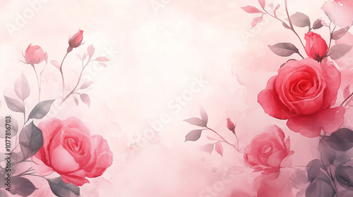 Soft pink watercolor roses with leaves on pastel background