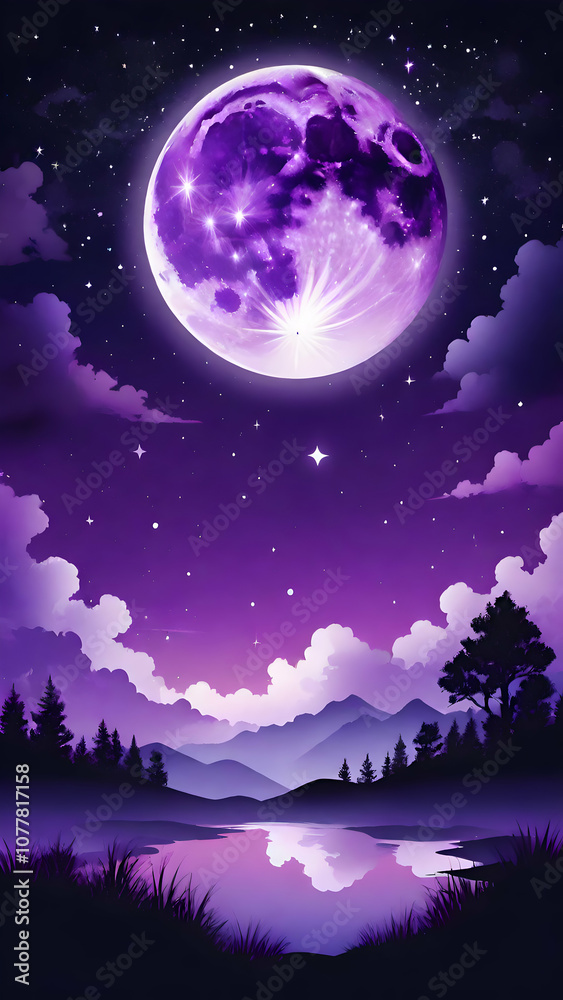 Fototapeta premium Purple gradient mystical moonlight sky with clouds and stars phone background wallpaper, mobile background.