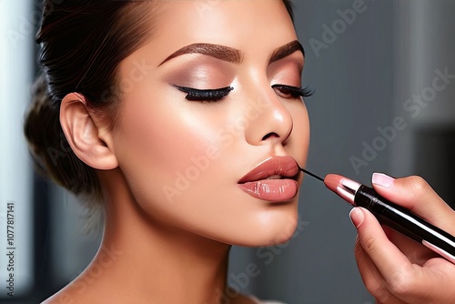 a cosmetologist applying a matte nude lipstick to a clients lips