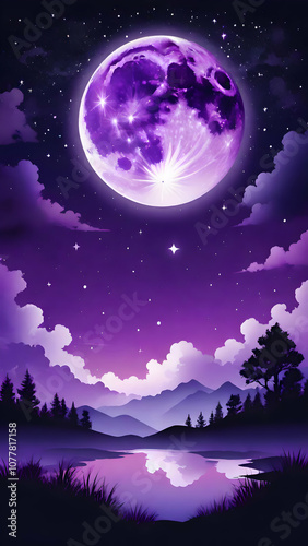 Purple gradient mystical moonlight sky with clouds and stars phone background wallpaper, mobile background.