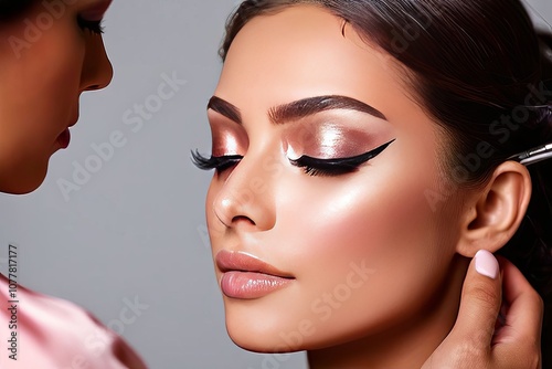 a cosmetologist applying a shimmery rose gold eyeshadow to a cli