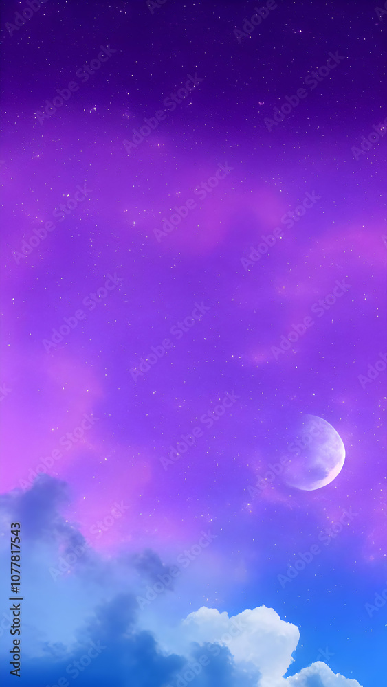Fototapeta premium Purple gradient mystical moonlight sky with clouds and stars phone background wallpaper, mobile background.