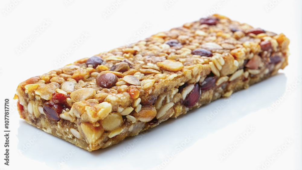 A close-up of an energy bar placed on a white background, highlighting its ingredients and nutritional benefits.