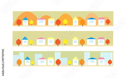  Autumn Town Landscape, Colorful Houses, Fall Foliage