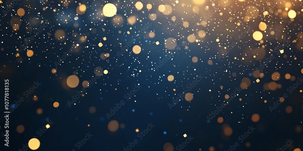 Fototapeta premium Abstract Bokeh Background with Sparkling Golden Lights and Particles on Dark Blue; Perfect for Holiday Celebrations, New Year, and Christmas Themes. Festive, Elegant, and Magical Lighting Effect