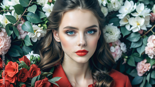 Confident young woman surrounded by fragrant flowering bushes.