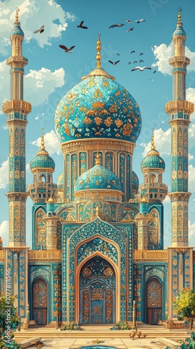 Ornate Islamic Mosque with Intricate Tilework and Birds in Flight photo