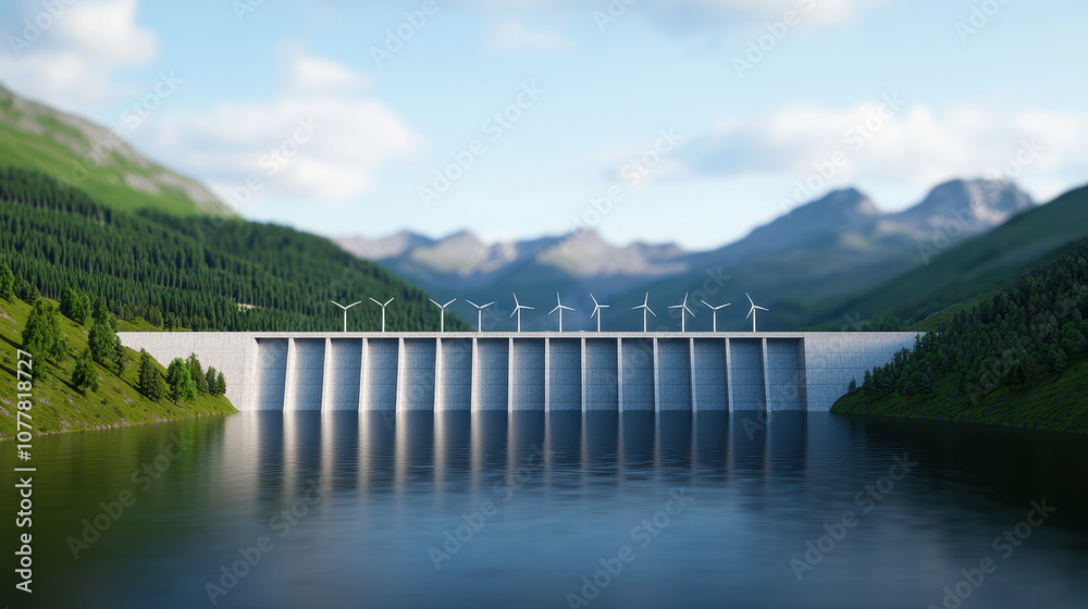 A serene landscape featuring a modern dam surrounded by mountains, lush green trees, and a calm body of water. A serene landscape featuring a modern dam surrounded by mountains, lush green trees, and a calm body of water.