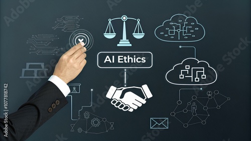 AI Ethics and related symbols, like scales of justice, handshake, and cloud storage. ethical considerations in artificial intelligence and technology