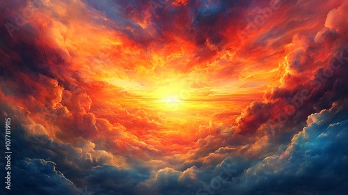 A fiery sunset with clouds stretching towards a brilliant light source.