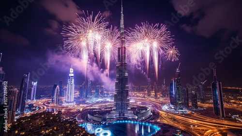 Fireworks explode over the Dubai skyline, illuminating the city in a vibrant display of color and light. photo