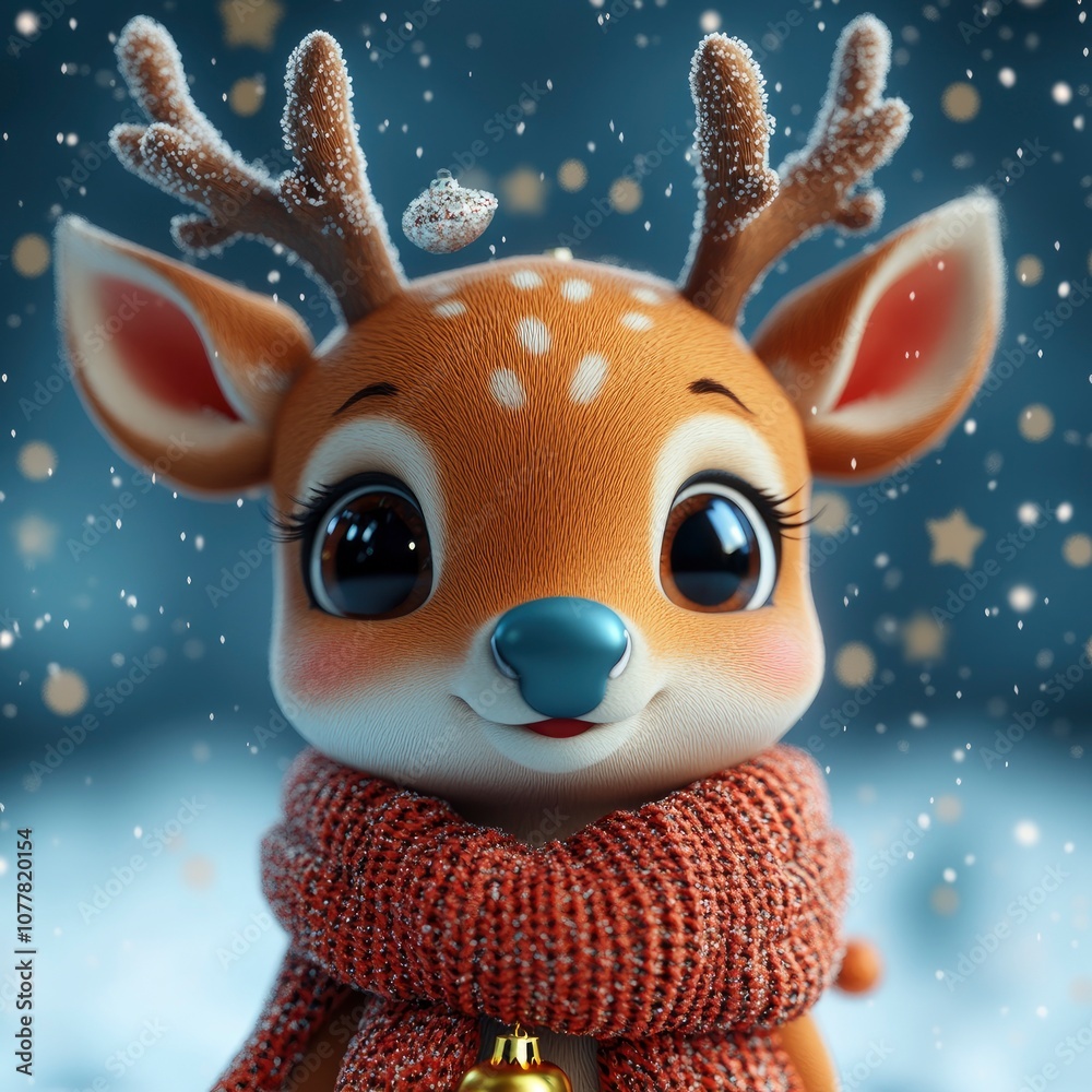 Cute Cartoon Reindeer Wearing a Red Scarf in the Snow Cute Cartoon Reindeer Wearing a Red Scarf in the Snow