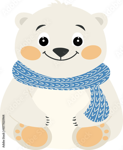 Cute Baby Polar Bear Vector Illustration with Blue Scarf. Adorable Design for Winter and Holiday Themes. Childrens invitations