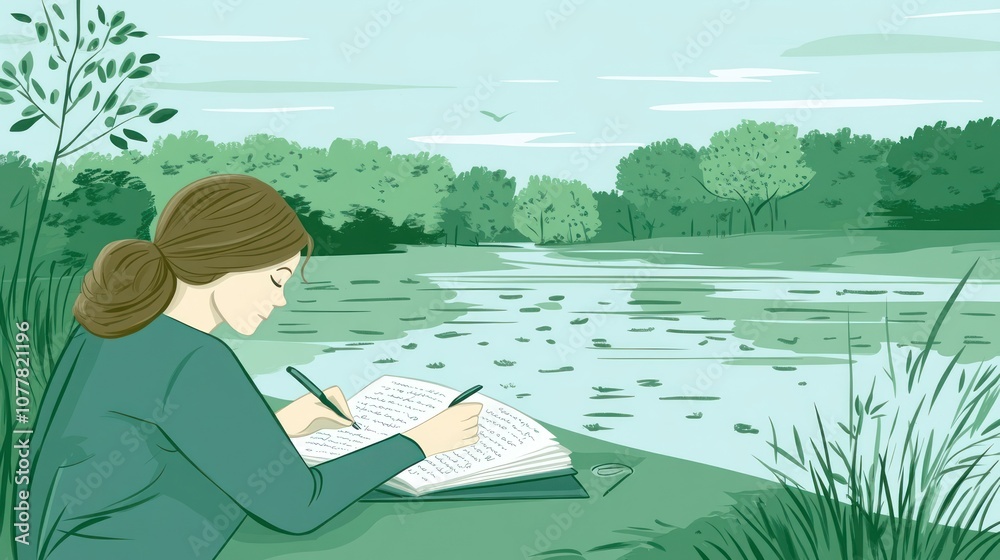Fototapeta premium A woman writes in a notebook by a serene riverside, surrounded by nature.