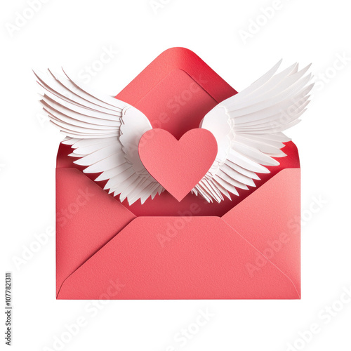 Pink paper heart with wing fly out of the red open envelope isolate on transparent background photo