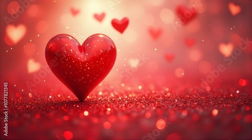 A close-up of a large, glossy red heart standing on a sparkling red glitter surface