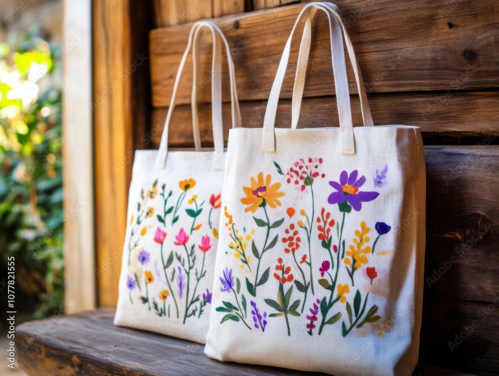 Two Canvas Tote Bags with Floral Designs