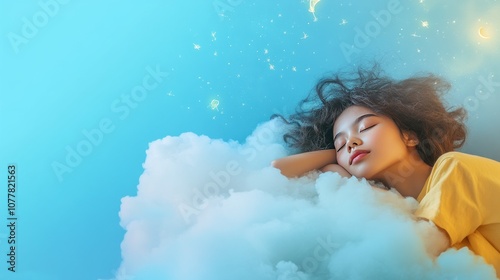 A serene scene of a girl peacefully sleeping on clouds under a dreamy sky.