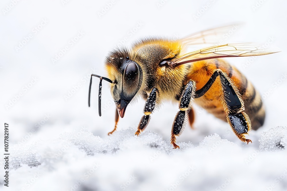 closeup of a honey bee walking delicately across a pristine white background showcasing its intricate details and textures emphasizing the beauty of natures tiny creatures closeup of a honey bee walking delicately across a pristine white background showcasing its intricate details and textures emphasizing the beauty of natures tiny creatures