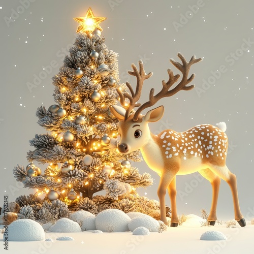 Cute Reindeer by Christmas Tree