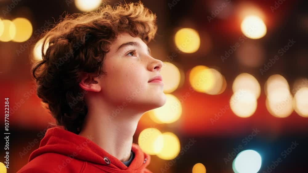 Young boy in a red hoodie standing in front of blurred lights, looking upwards with a hopeful and curious expression, capturing the essence of youth and wonder. Young boy in a red hoodie standing in front of blurred lights, looking upwards with a hopeful and curious expression, capturing the essence of youth and wonder.