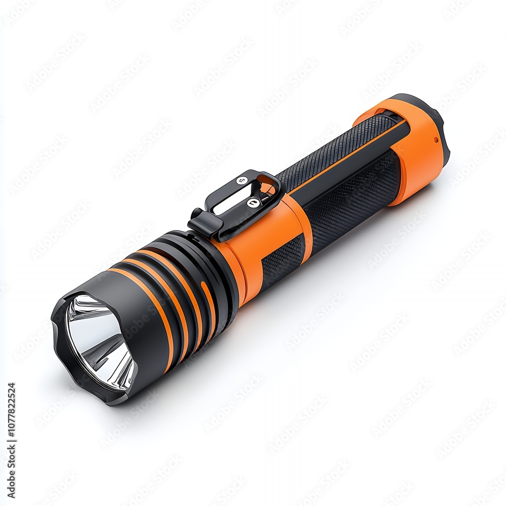 A black and orange flashlight with a carabiner clip. A black and orange flashlight with a carabiner clip.