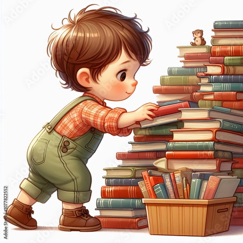 Child Sorting Books A child organizing books on a shelf isolated photo