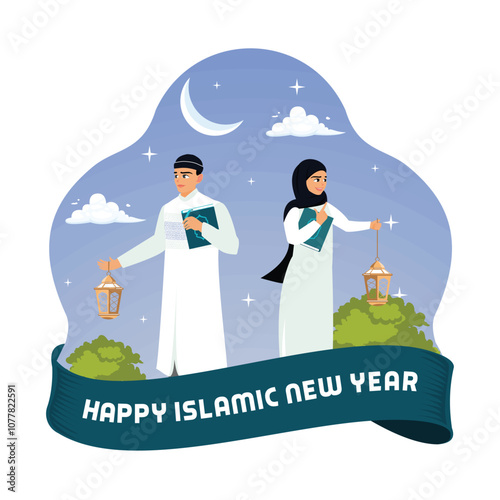 Muslim couple carrying a lantern and the Koran. Muslims celebrate the Islamic New Year. Happy New Hijri Year concept. Flat vector illustration.