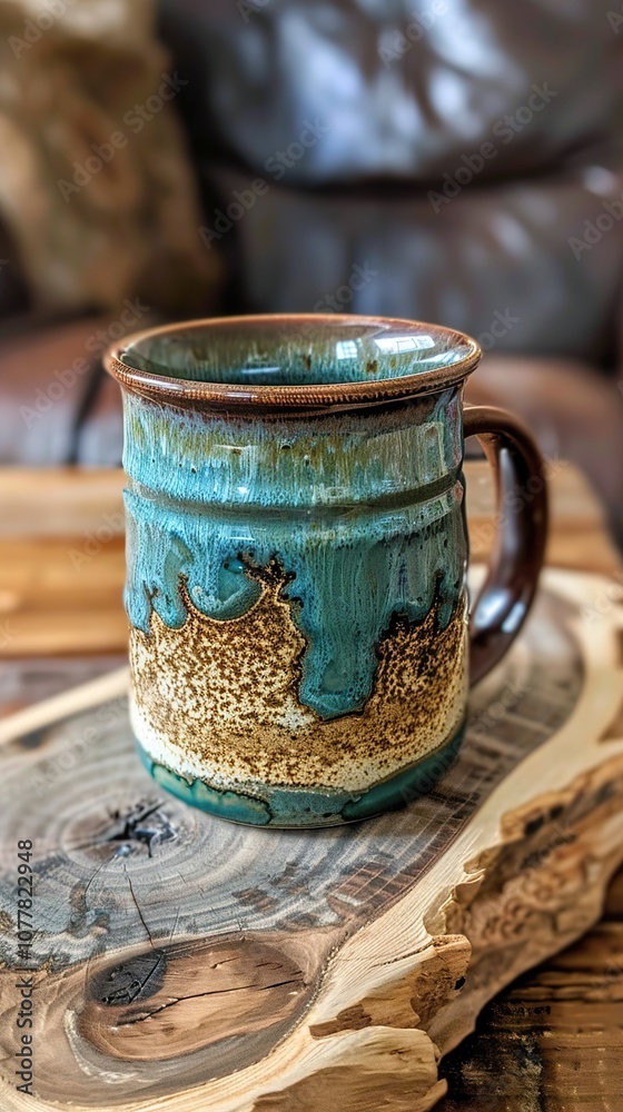 Rustic Handmade Teal Glaze Ceramic Mug with Wood Coaster Rustic Handmade Teal Glaze Ceramic Mug with Wood Coaster